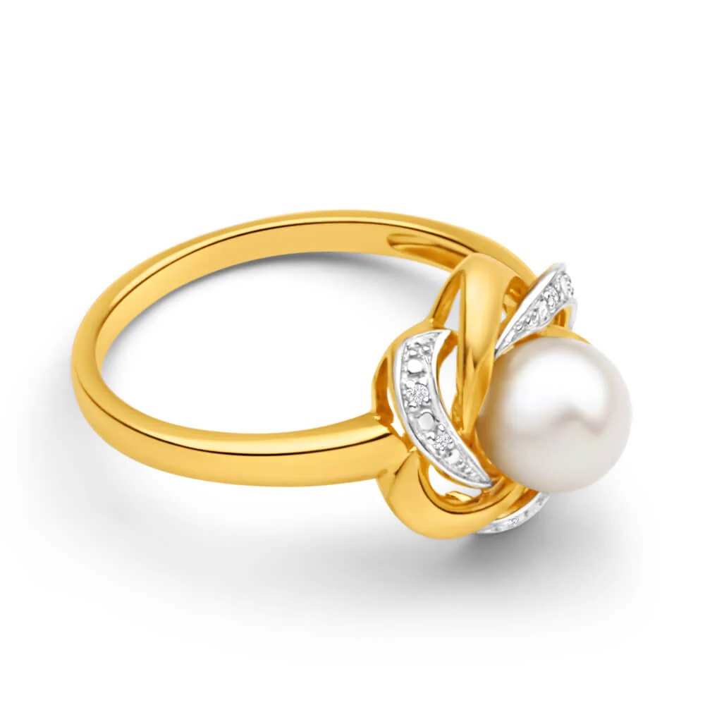 9ct Charming Yellow Gold Diamond + Pearl Ring - Image 2