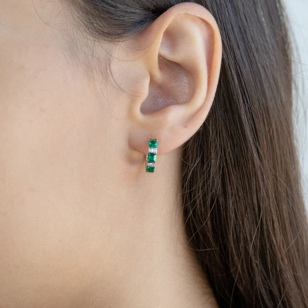 9ct Created Emerald and Diamond Huggies - Image 2