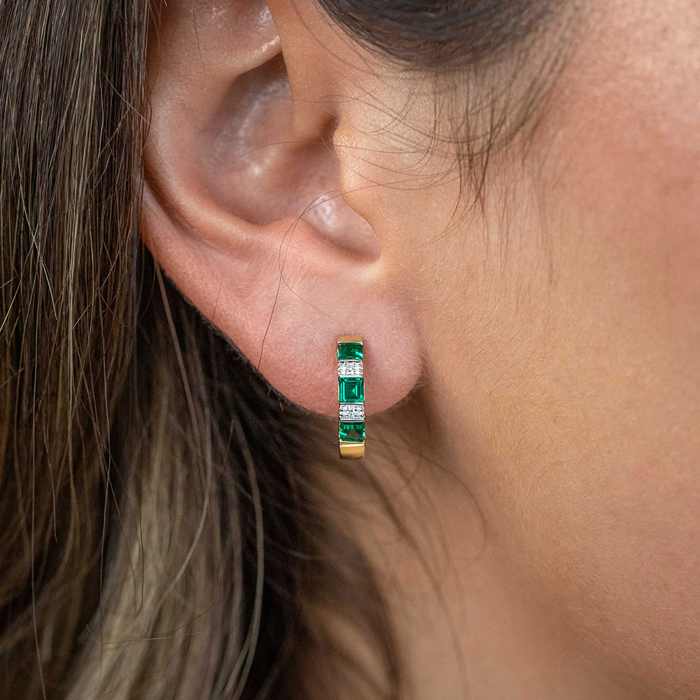9ct Created Emerald and Diamond Huggies - Image 3
