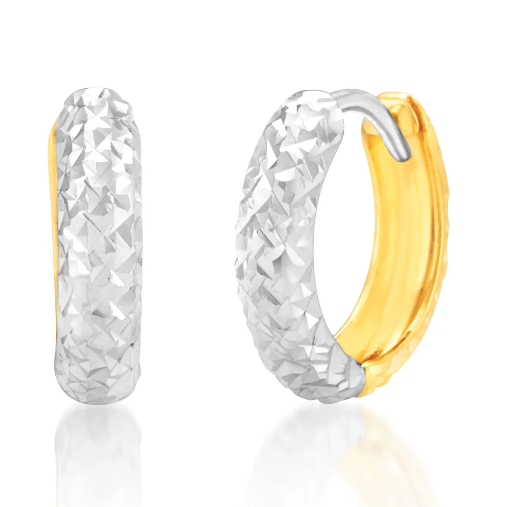 9ct Diamond Cut Two Tone 9mm Huggies