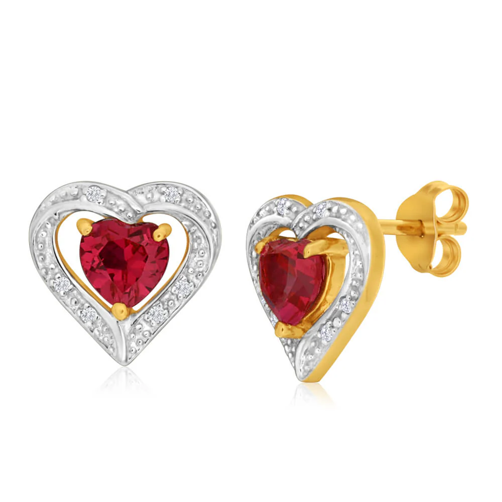 9ct Elegant Yellow Gold Created Ruby + Diamond Stud Earrings