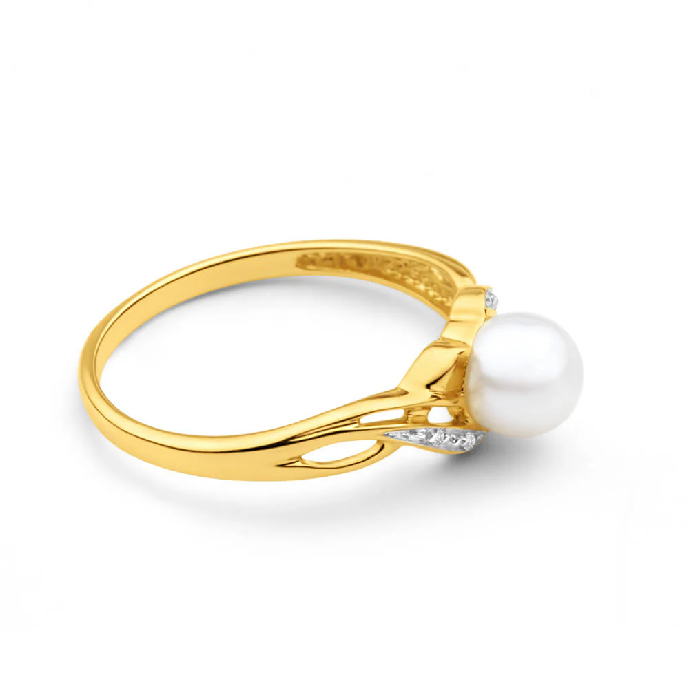 9ct Elegant Yellow Gold Diamond + Pearl Ring - Image 2