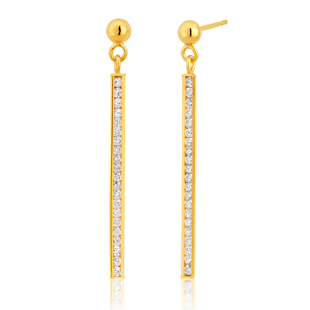 9ct Gold Cubic Zirconia Silver Filled Bar Drop Earrings