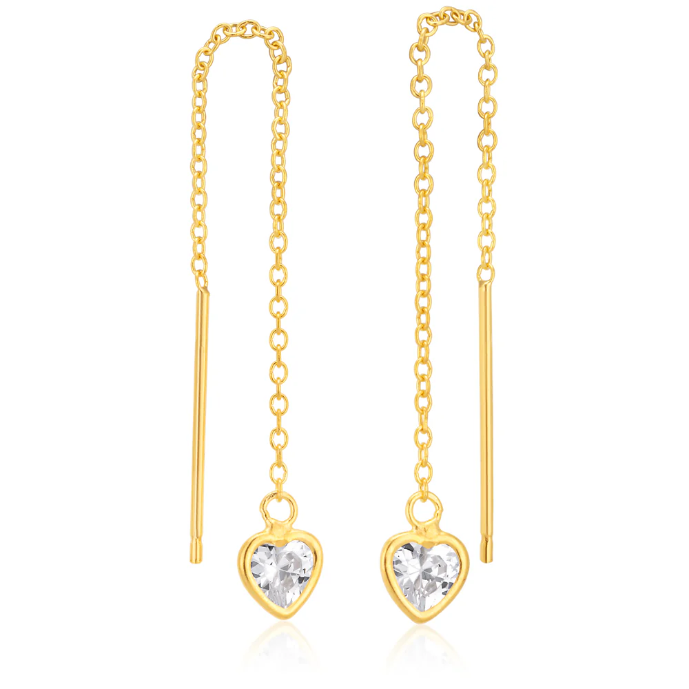 9ct Gold Silver Filled Cubic Zirconia Heart Threads Earrings