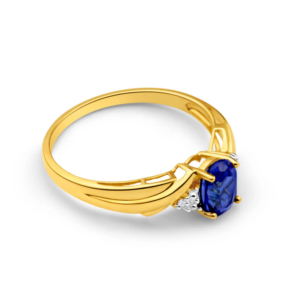 9ct Gorgeous Yellow Gold Created Sapphire + Diamond Ring - Image 2