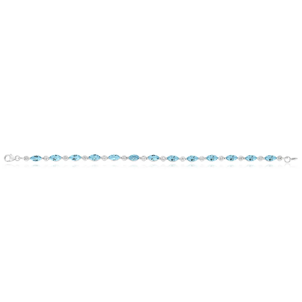 9ct Marquise Cut Sky Blue Topaz and Diamond 19cm Bracelet in White Gold - Image 2