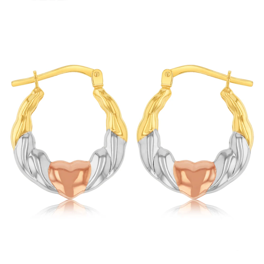 9ct Multitone Gold Silverfilled Heart Patterned Hoop Earrings