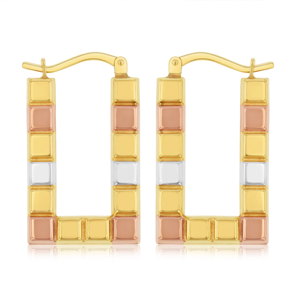 9ct Multitone Gold Silverfilled Patterned Rectangle Hoop Earrings