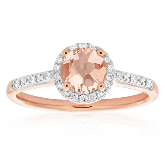 9ct Rose Gold 0.8ct Morganite and 0.10 Carat Diamond Halo Ring