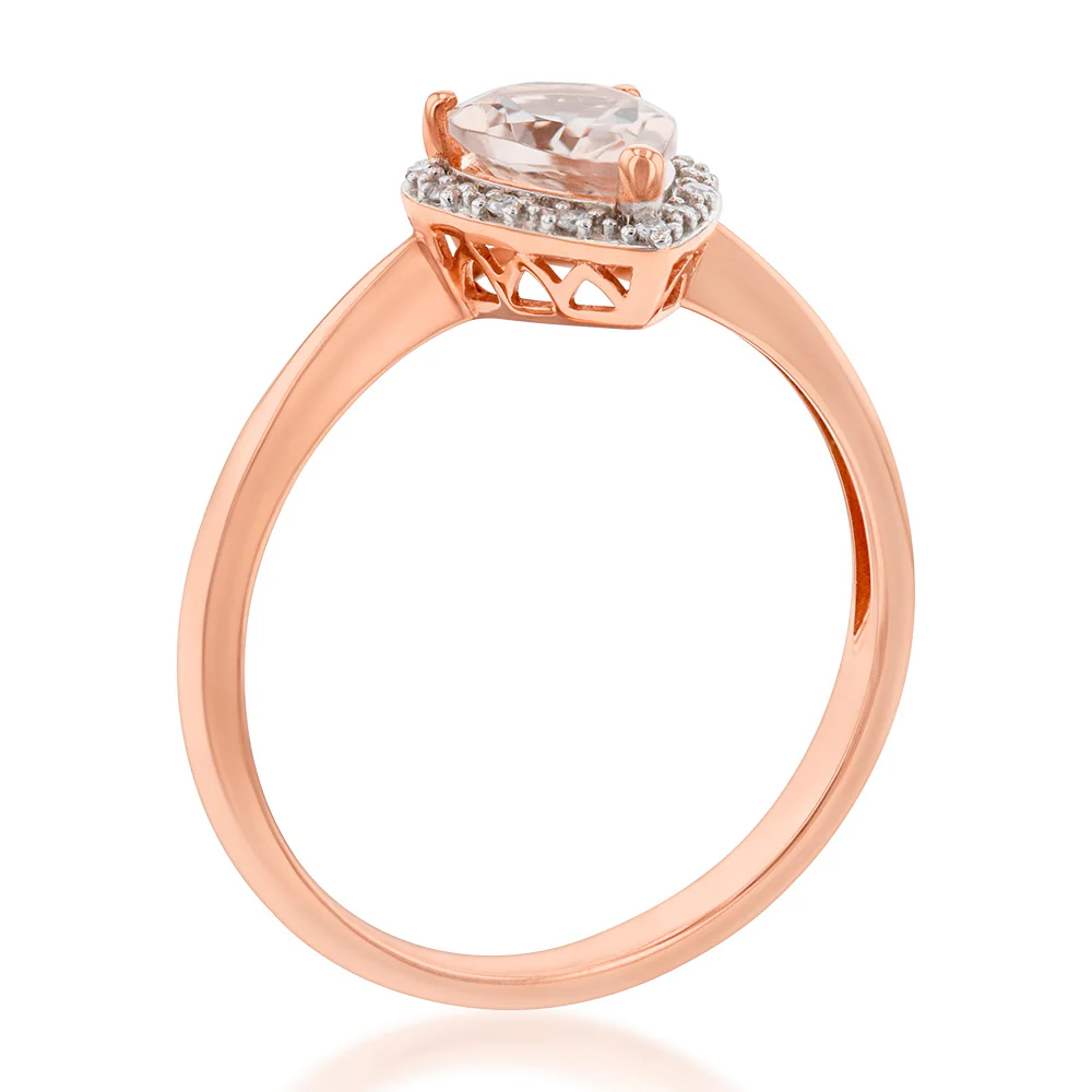 9ct Rose Gold 1.00ct Morganite 8x6mm Pear & Diamond Ring - Image 2
