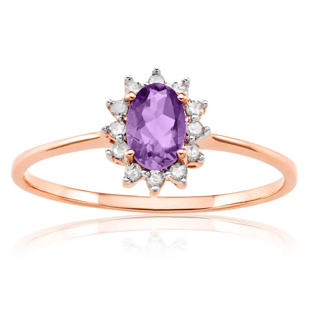 9ct Rose Gold 6x4mm Amethyst + 0.1 Carat Diamond Ring