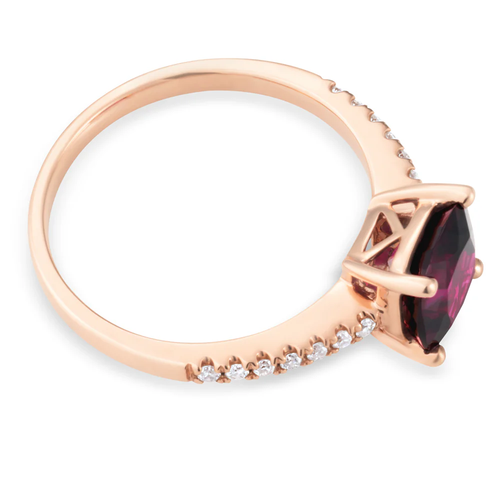 9ct Rose Gold 7mm Cushion Cut Rhodolite Garnet Ring with 0.11ct Diamonds - Image 2