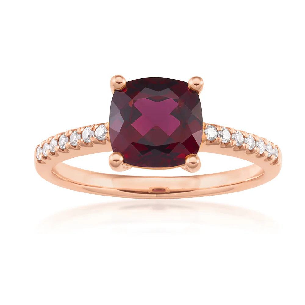 9ct Rose Gold 7mm Cushion Cut Rhodolite Garnet Ring with 0.11ct Diamonds - Image 3