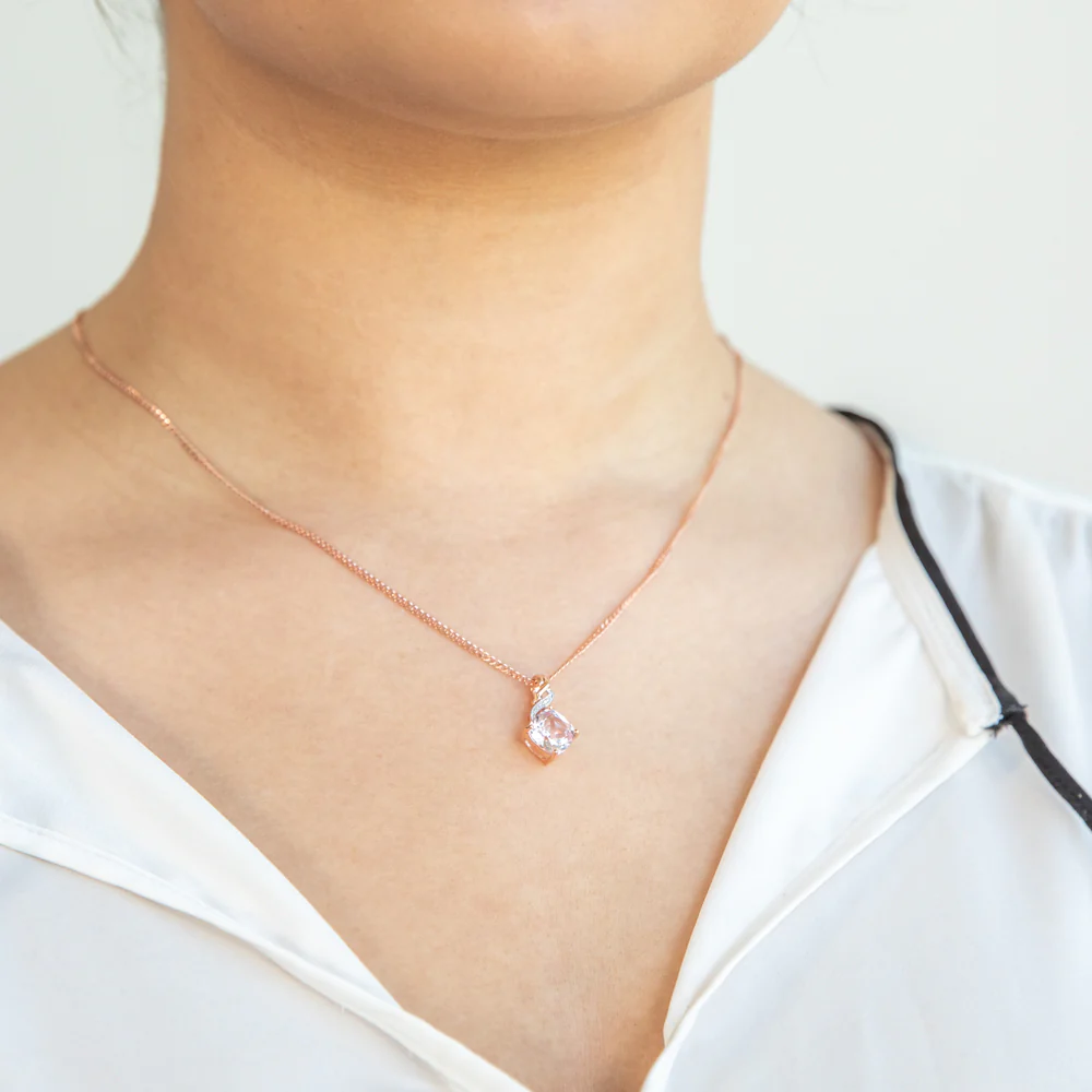 9ct Rose Gold Created Peach Sapphire and Diamond Cushion Cut Pendant - Image 2