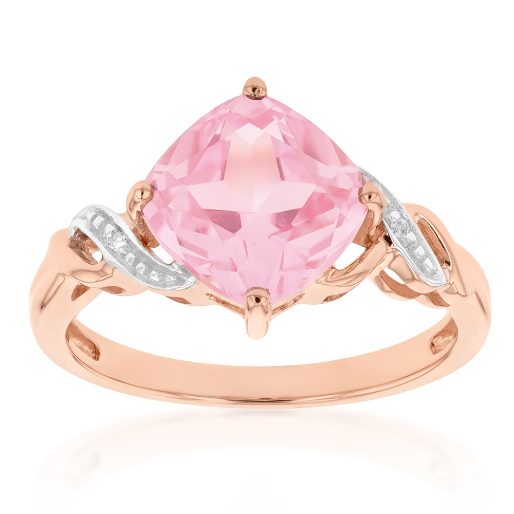 9ct Rose Gold Created Peach Sapphire and Diamond Cushion Cut Ring