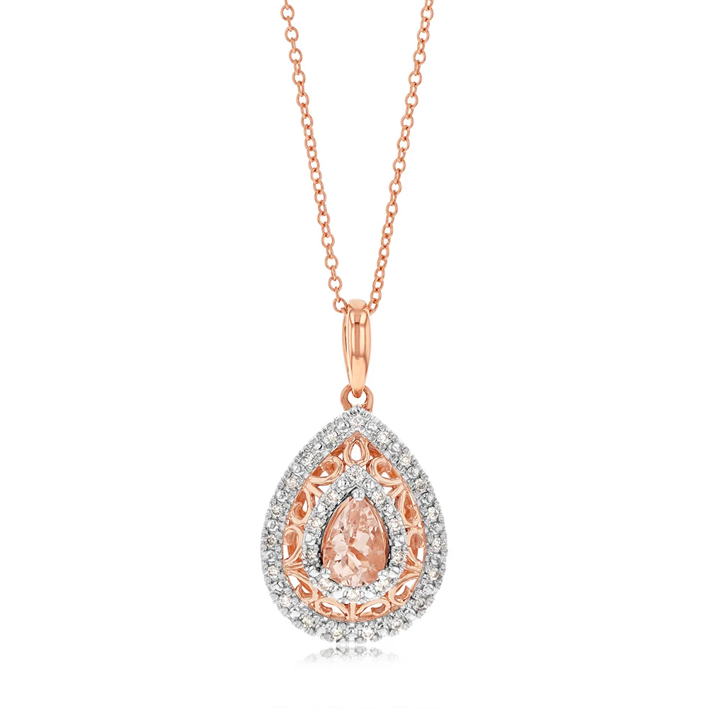 9ct Rose Gold Diamond And Oval Morganite Pendant