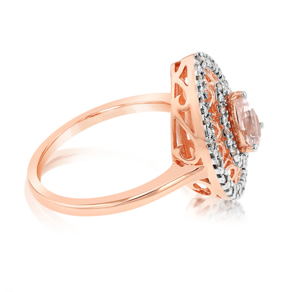 9ct Rose Gold Diamond And Oval Natural Morganite Pear Ring - Image 2