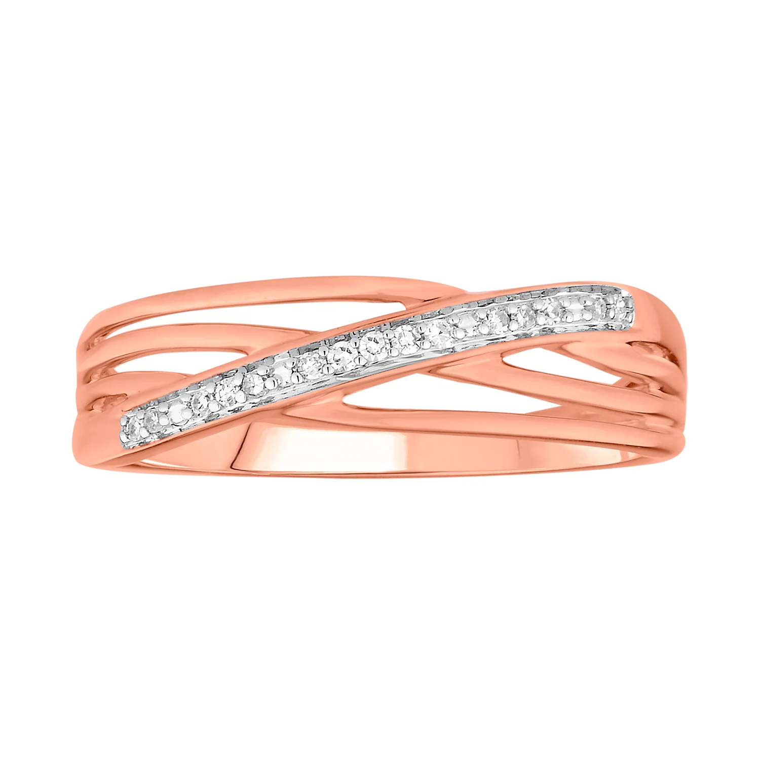 9ct Rose Gold Diamond Cross Over Ring with 15 Brilliant Diamonds