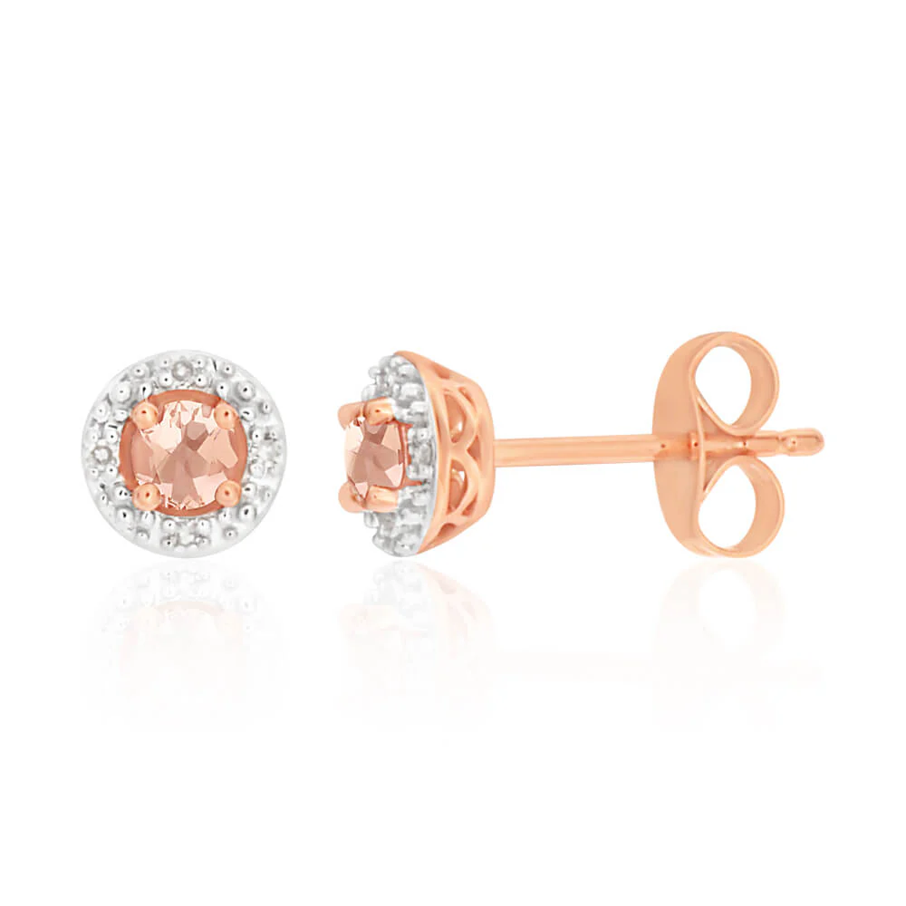 9ct Rose Gold Morganite and Diamond Halo Stud Earrings