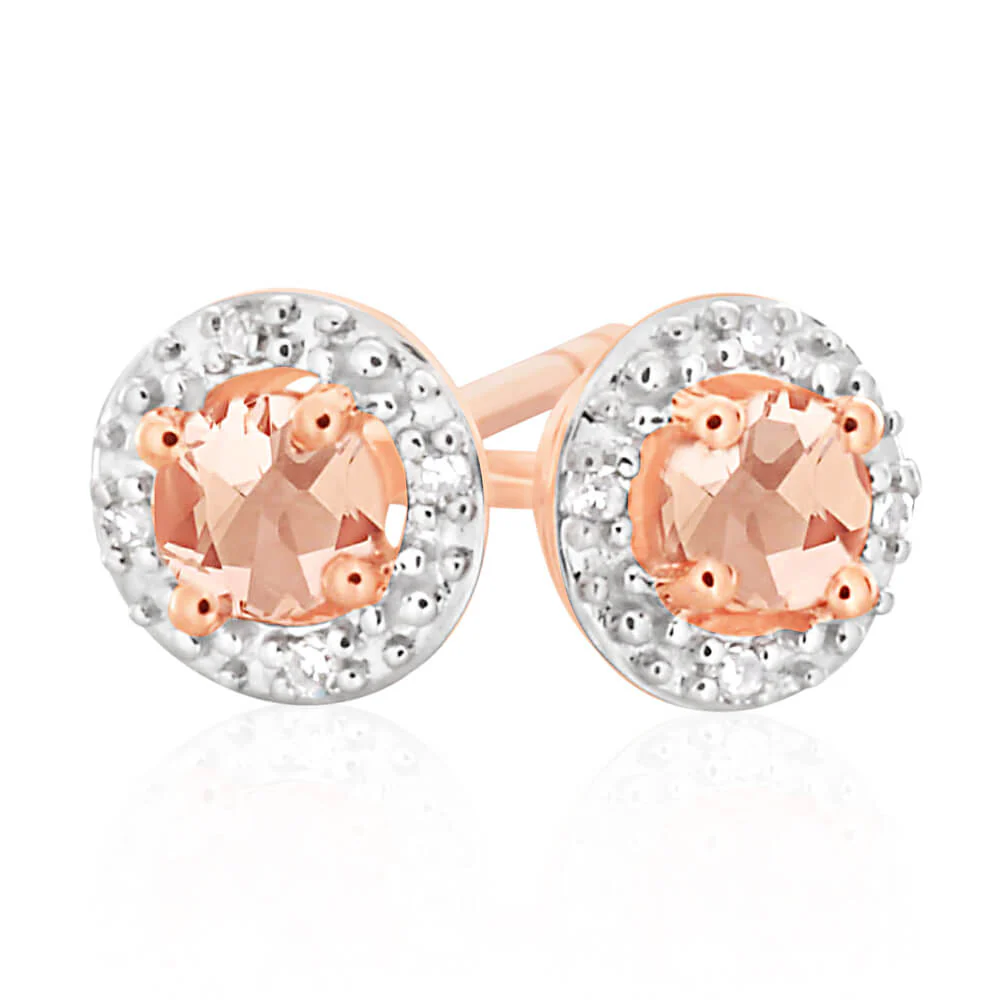 9ct Rose Gold Morganite and Diamond Halo Stud Earrings - Image 2