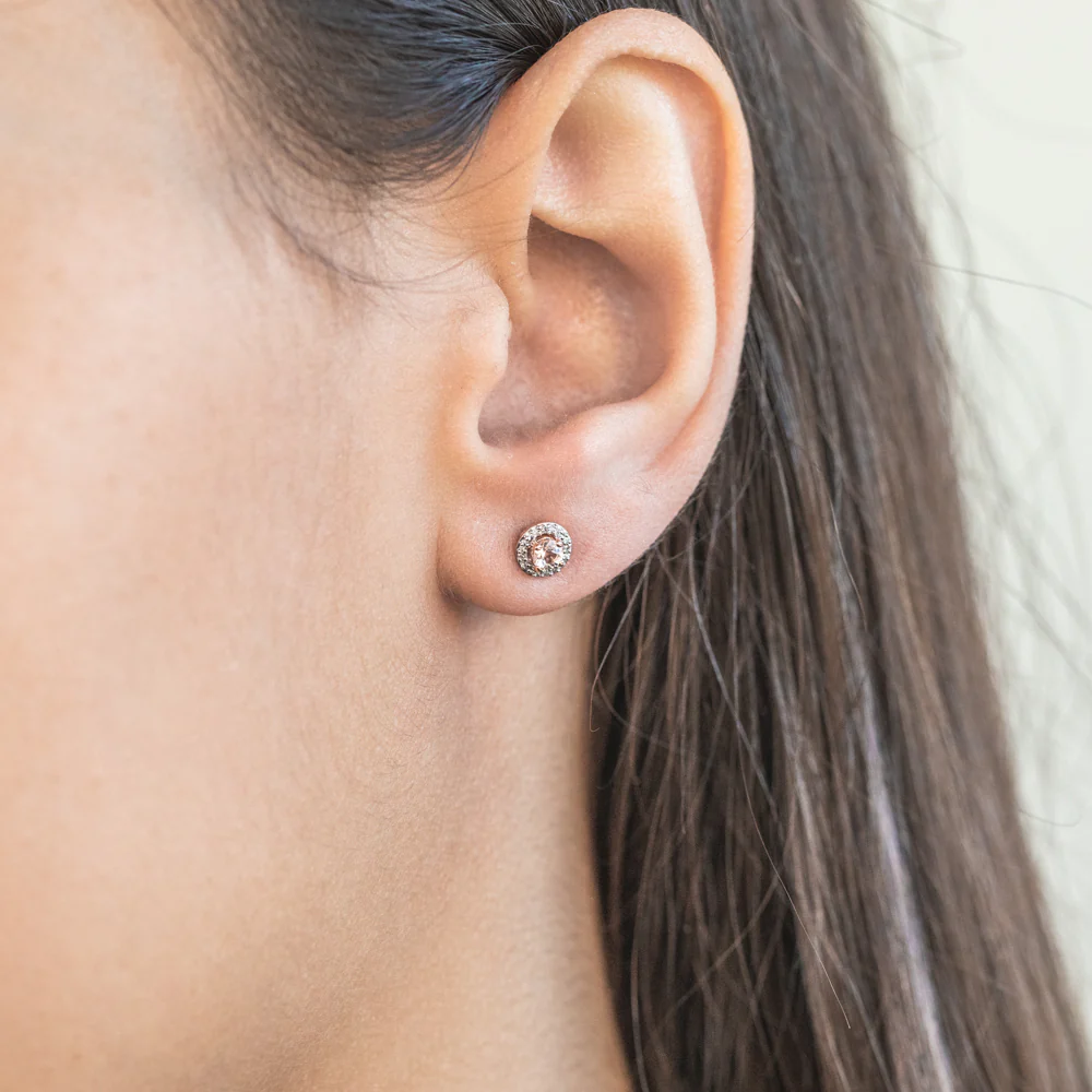 9ct Rose Gold Morganite and Diamond Halo Stud Earrings - Image 3