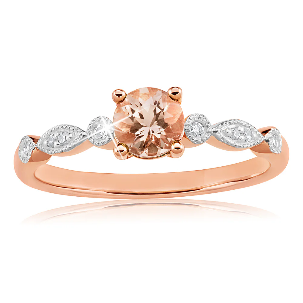 9ct Rose Gold Round Cut 0.45ct Morganite and Diamond Ring - Image 3