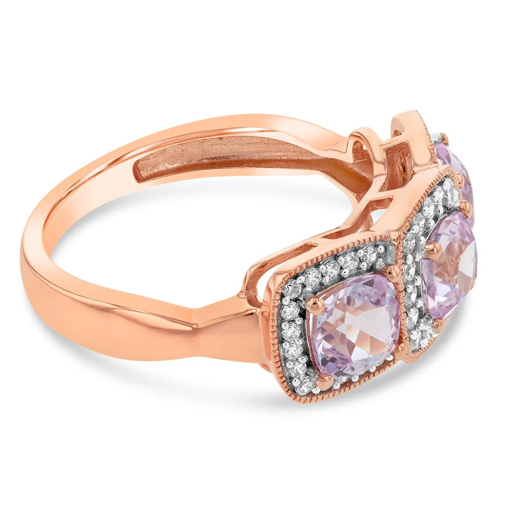 9ct Rose Gold Trilogy Cubic Zirconia And Created Morganite Ring - Image 2