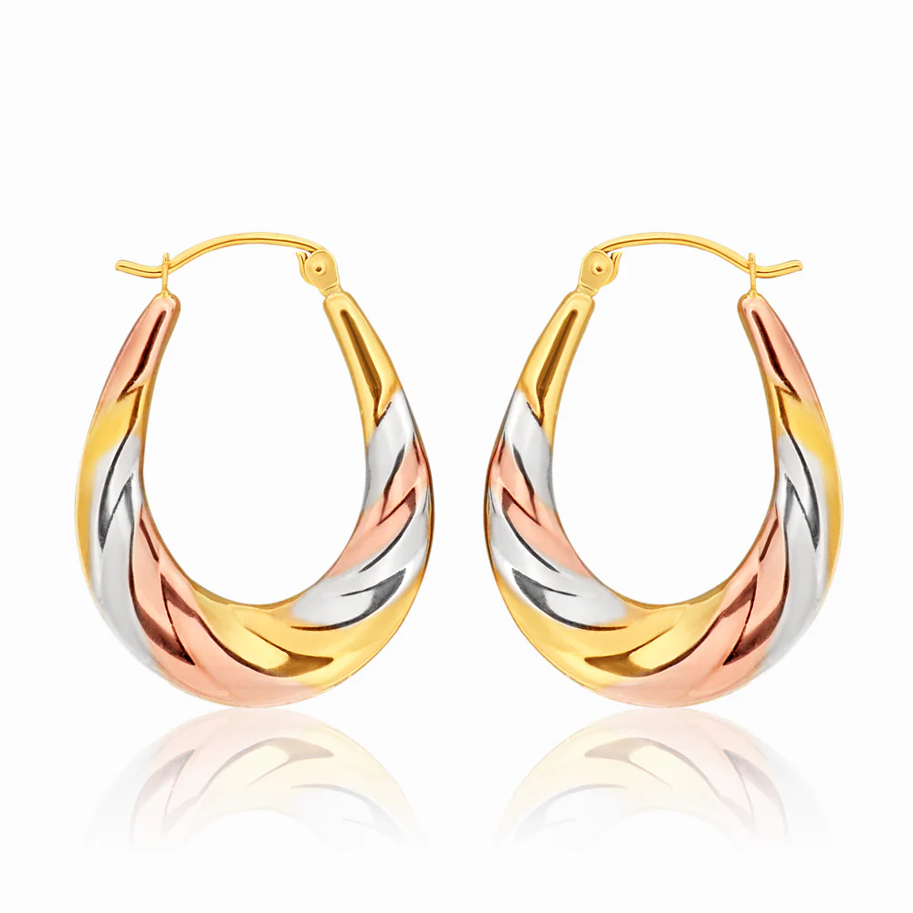 9ct three tone gold 13mm creoles with a twist