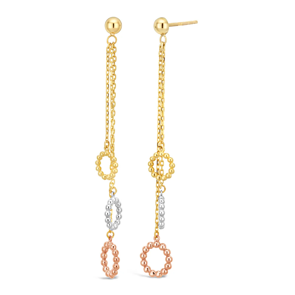 9ct Three-Tone Gold 3x Circle Beaded Circle Drop Earrings