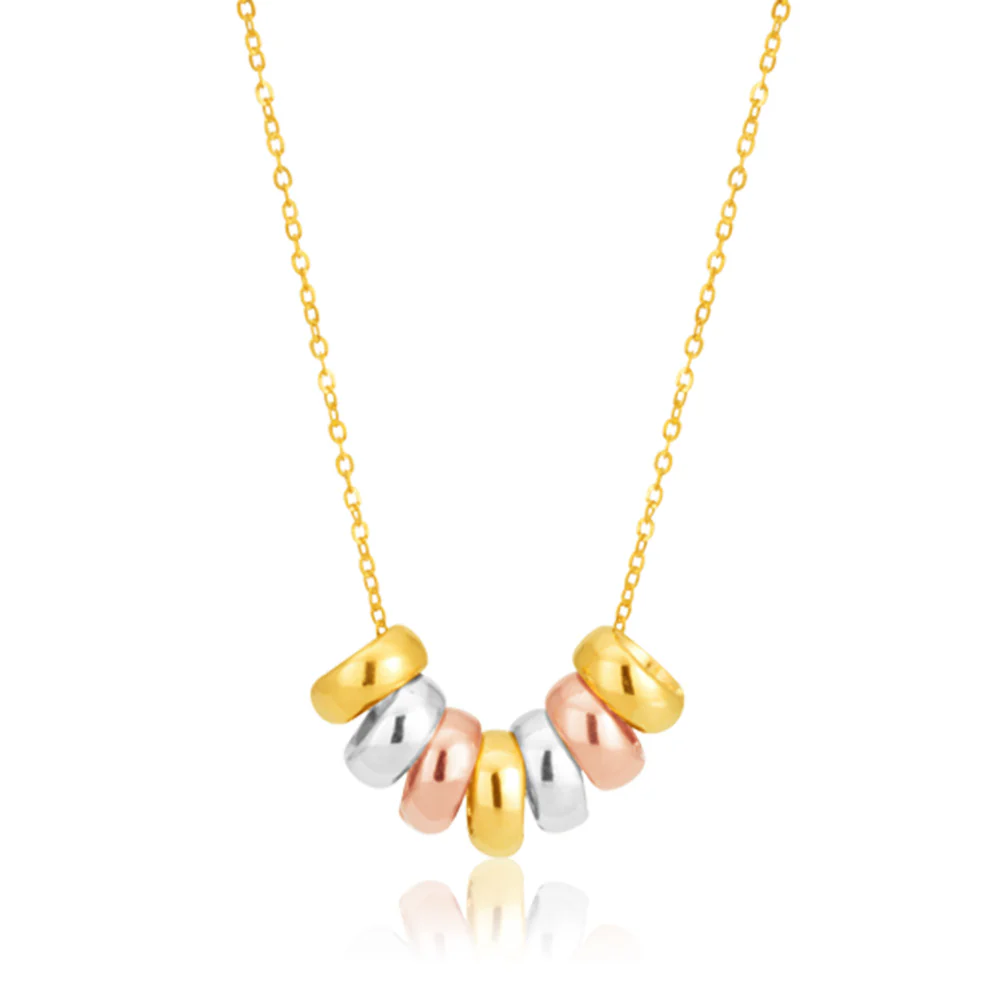 9ct Three Tone Gold 7 Rings of Luck Pendant with 45cm Chain