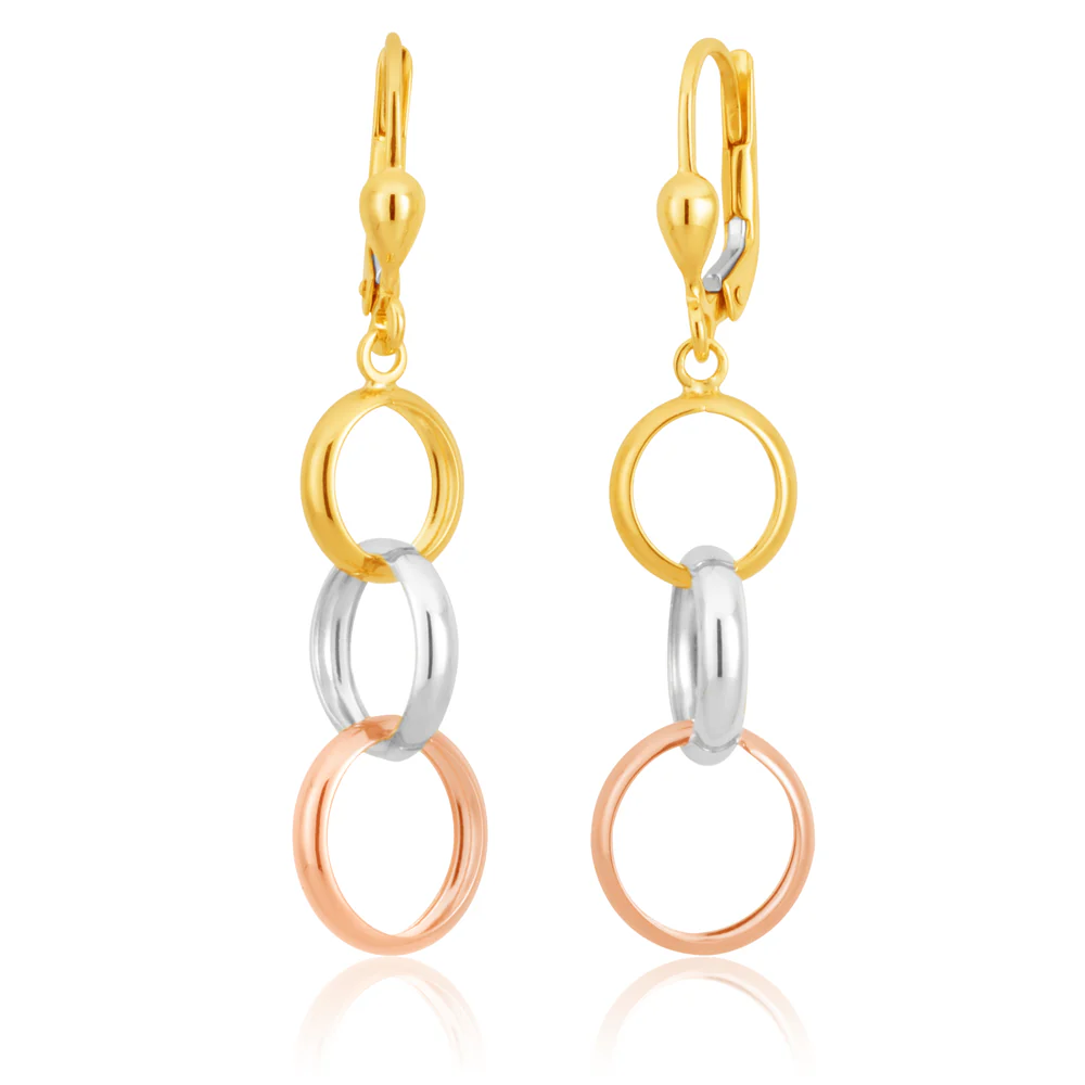 9ct Three Tone Gold Dangling Trio of Hoops Earrings