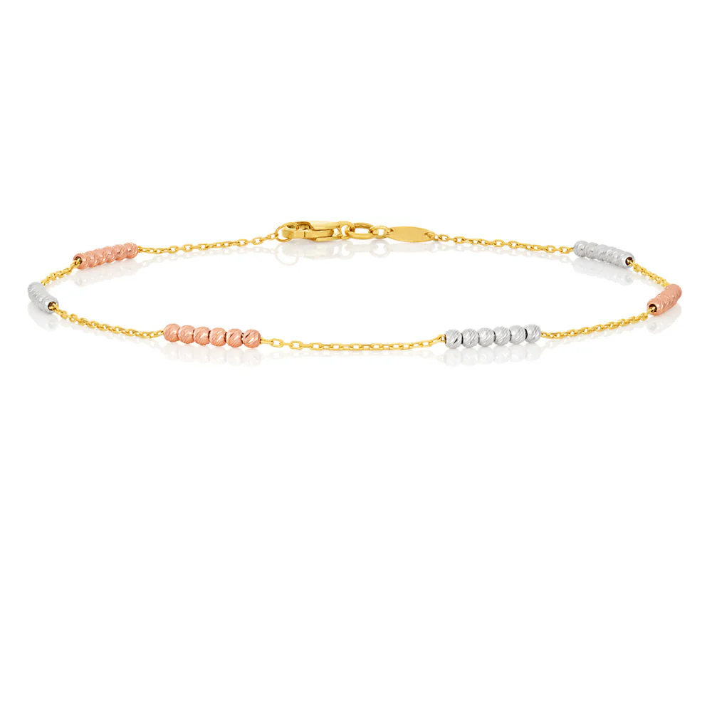 9ct Three Tone Gold Dicut Beaded Anklet