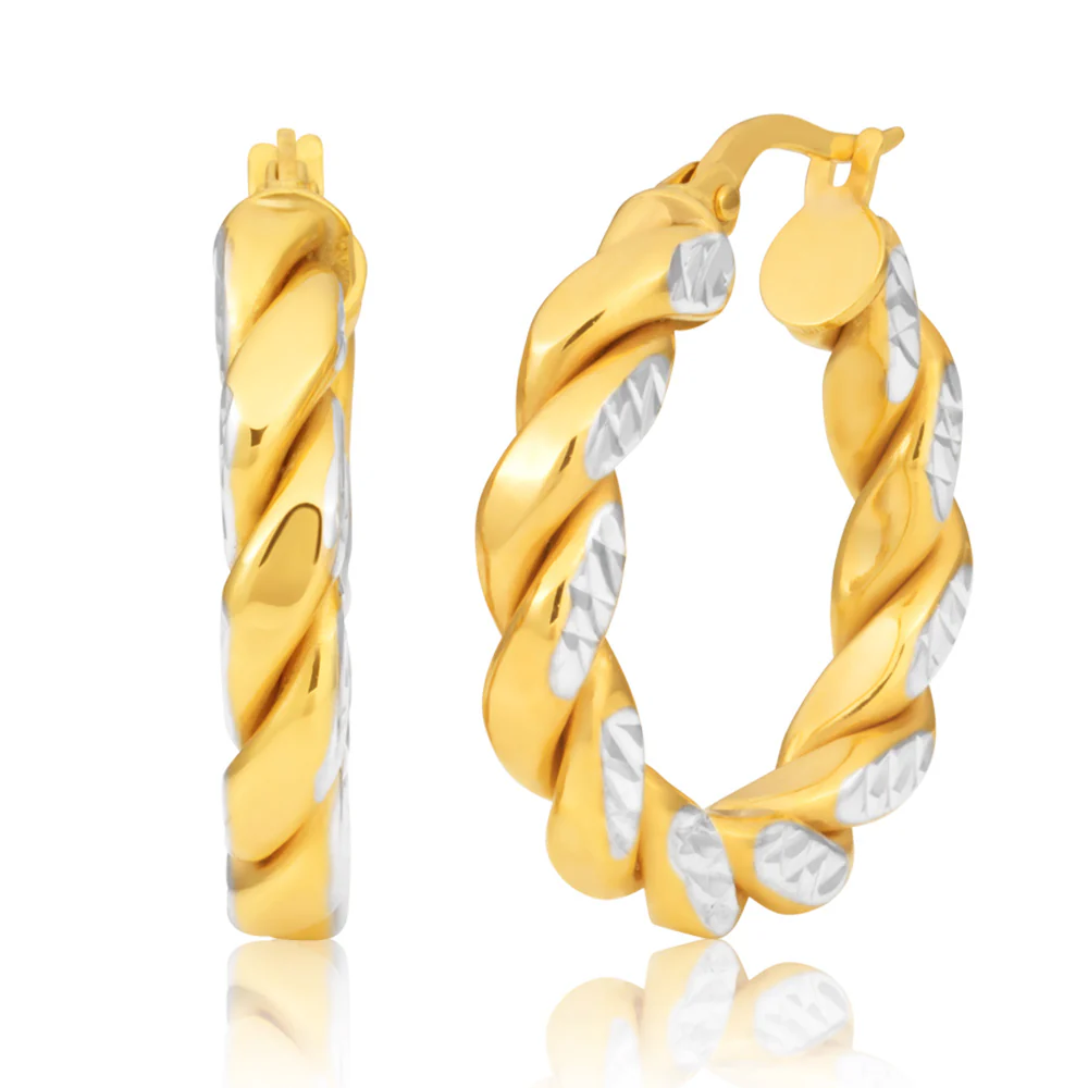 9ct Two-Tone 15mm Fancy Twist Diamond Cut Pattern Hoop Earrings