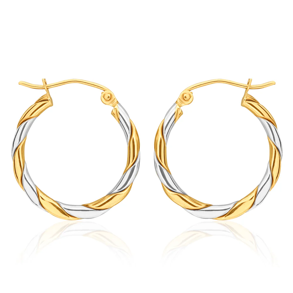 9ct two tone Gold 15mm Hoops with a Twist