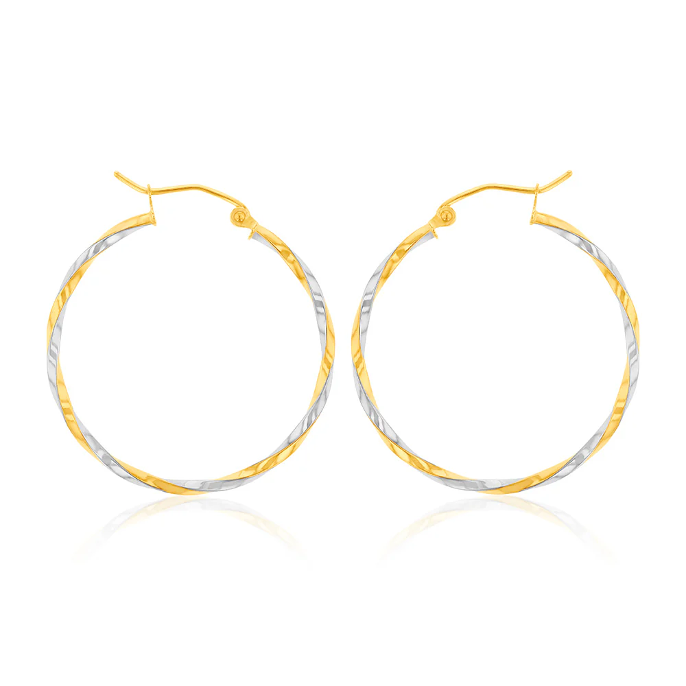 9ct Two Tone Gold High Polish Twist Hoop Earrings