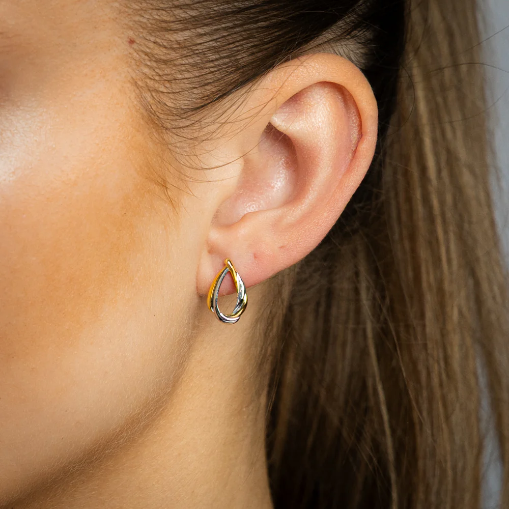 9ct Two Tone Gold Silverfilled Fancy Teardrop Stud Earrings - Image 2