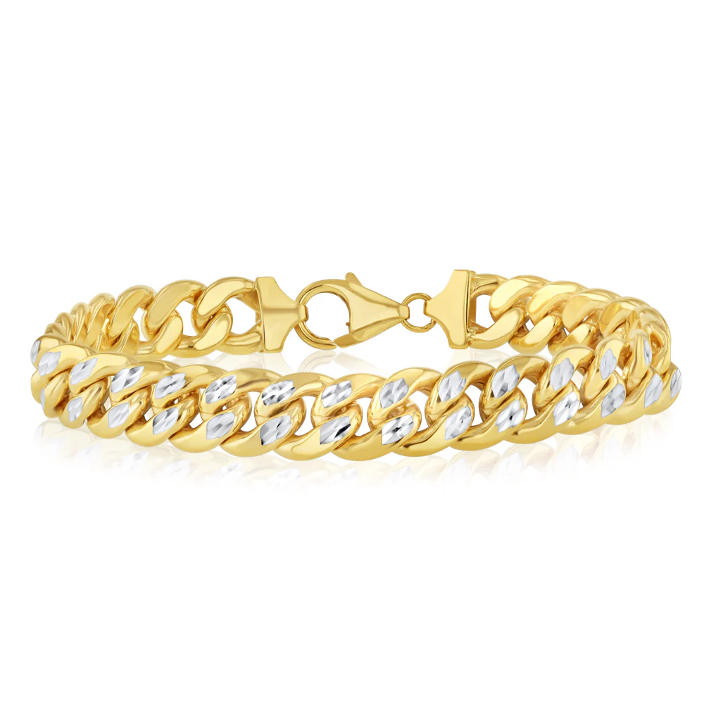 9ct Two Toned Yellow And White Gold Silverfilled Diamond Cut 250Gauge Curb 20cm Bracelet