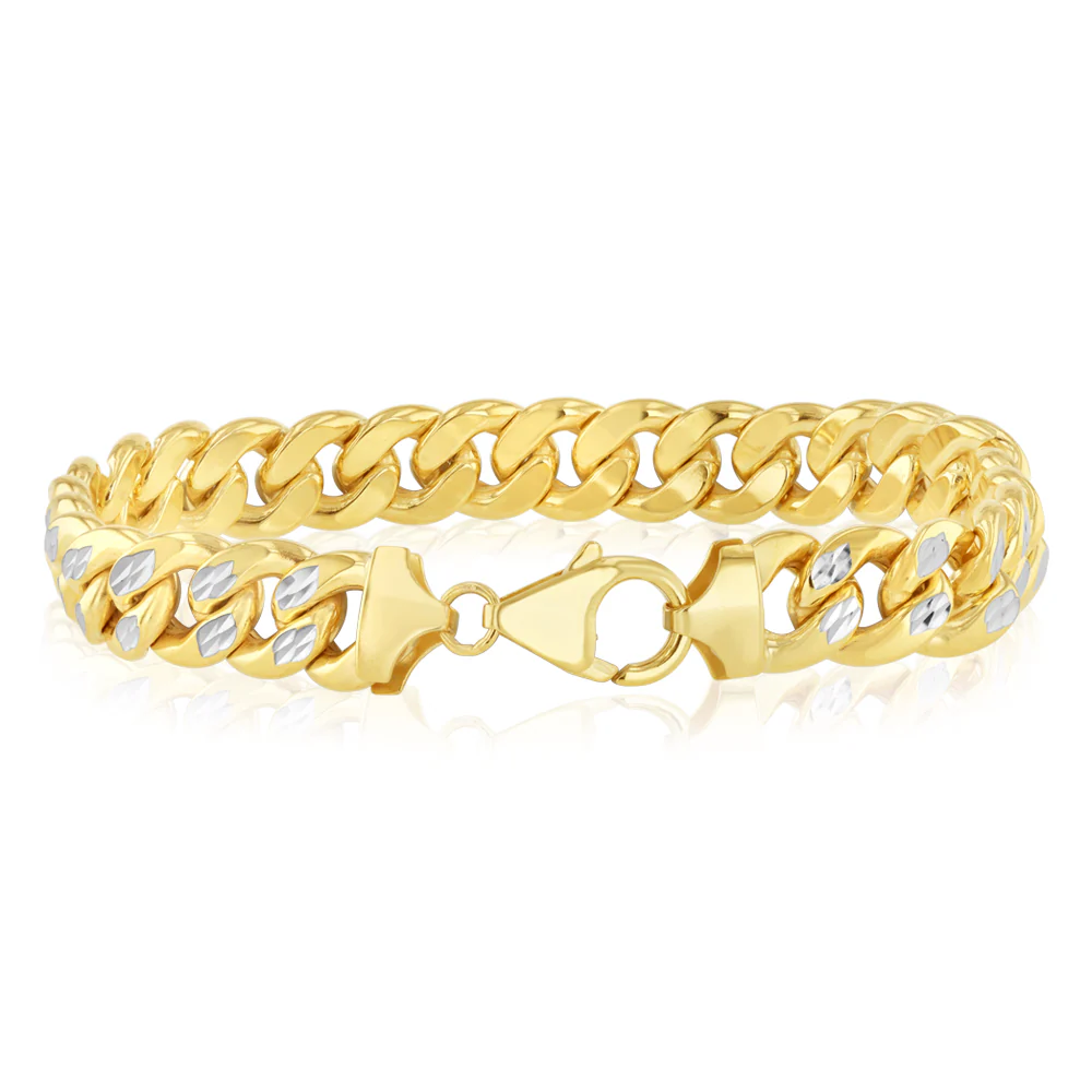 9ct Two Toned Yellow And White Gold Silverfilled Diamond Cut 250Gauge Curb 20cm Bracelet - Image 3