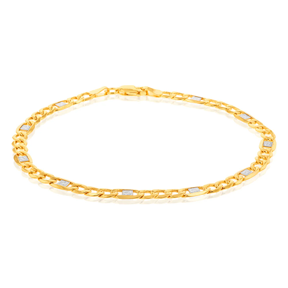 9ct White And Yellow Gold Silverfilled Figaro Curb With Greek Link 21cm Bracelet