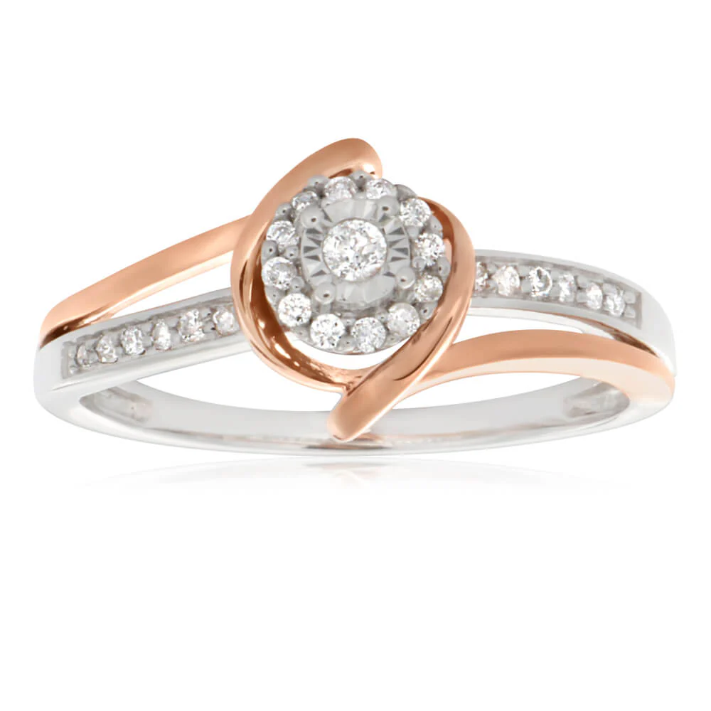 9ct White Gold 0.15 Carat Diamond Ring with Disc Setting and Rose Rhodium