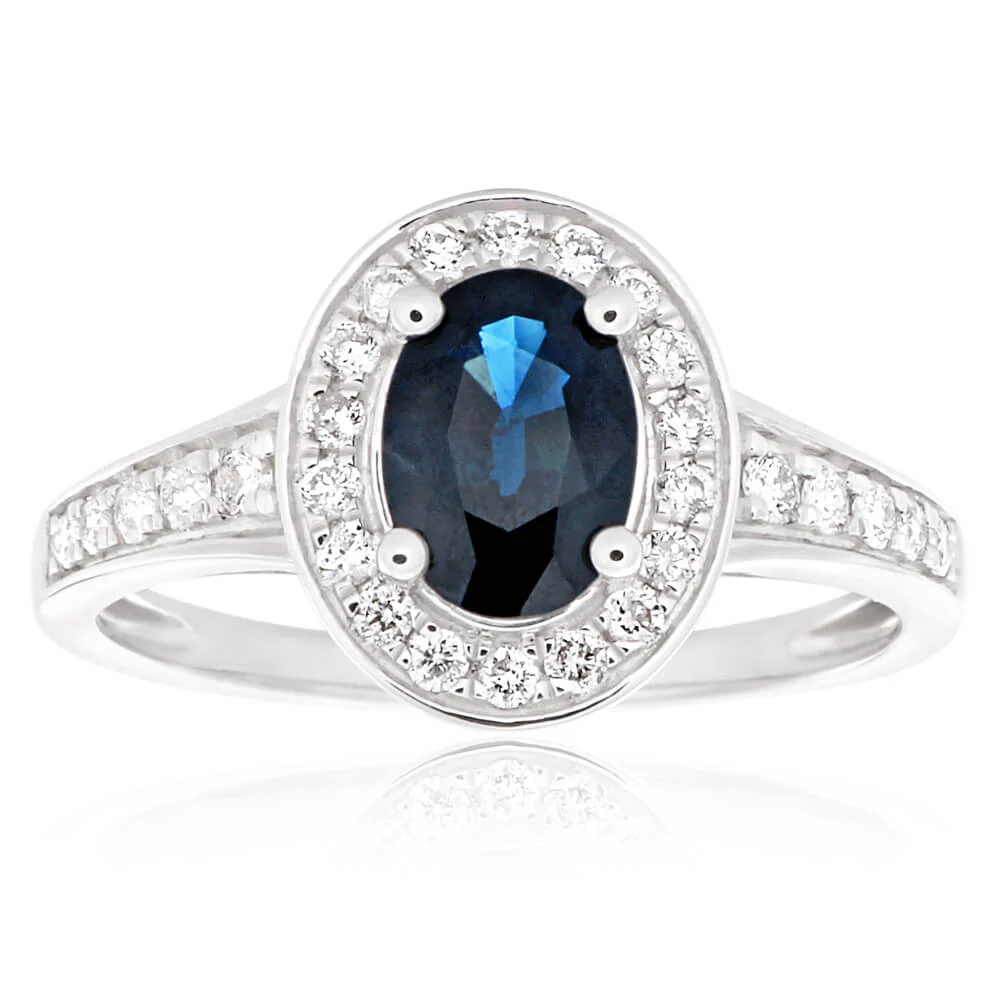 9ct White Gold 1.05ct Natural Dark Blue Sapphire 7x5mm + Diamond 0.26ct Ring