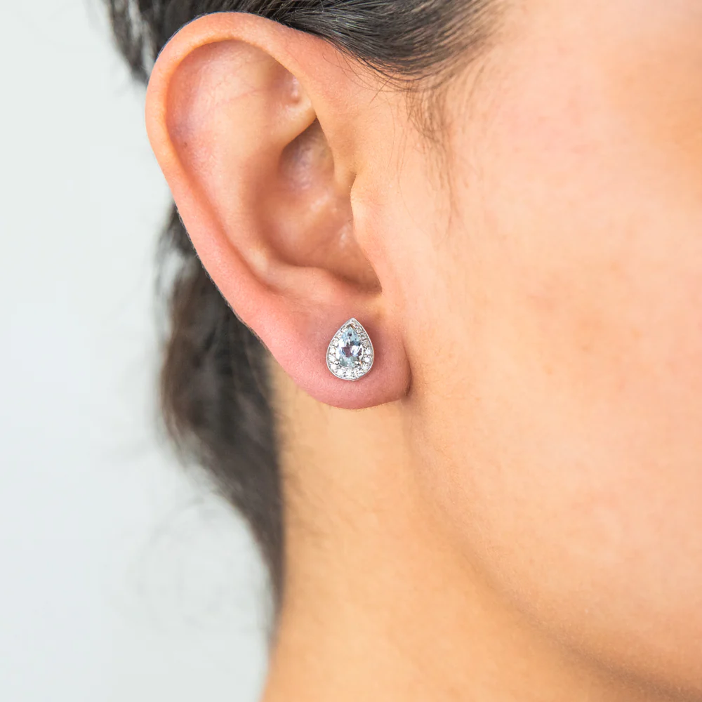 9ct White Gold 1/3ct Aquamarine and 0.15 Carat Diamond Pear Halo Stud Earrings - Image 2
