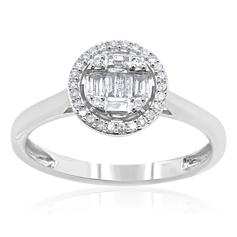 9ct White Gold 1/5 Carat Diamond Ring With 30 Brilliant and 6 Baguette Cut Diamonds