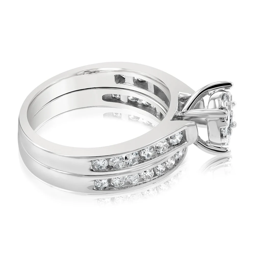 9ct White Gold 1 Carat Diamond Bridal Set Ring with Halo Setting - Image 2