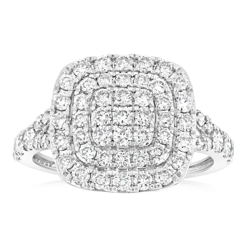 9ct White Gold 1 Carat Diamond Cushion Shape Cluster Ring