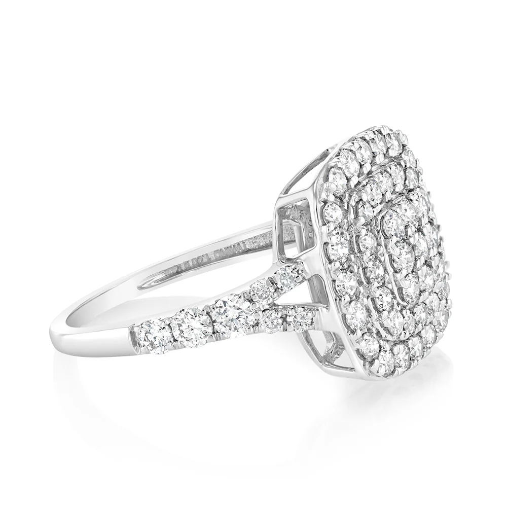 9ct White Gold 1 Carat Diamond Cushion Shape Cluster Ring - Image 2