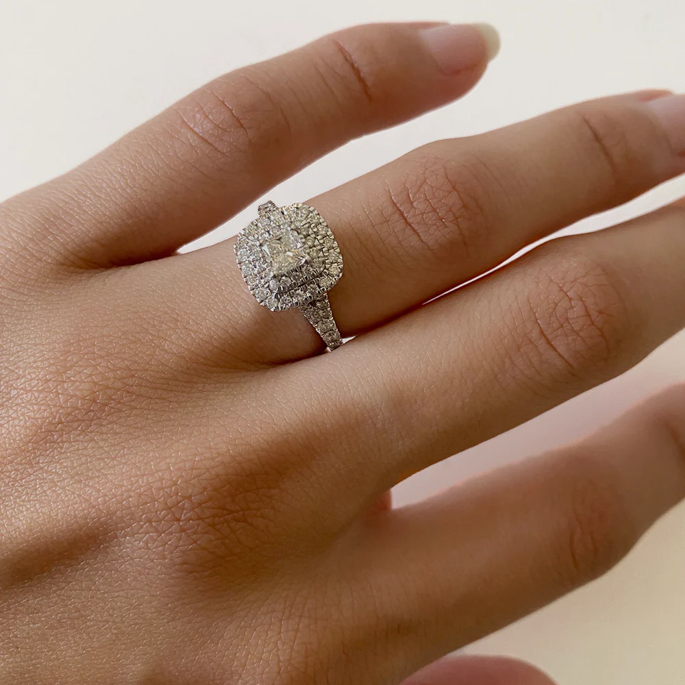 9ct White Gold 1 Carat Princess Diamond Solitaire Ring with Brilliant Halo and Sides - Image 3