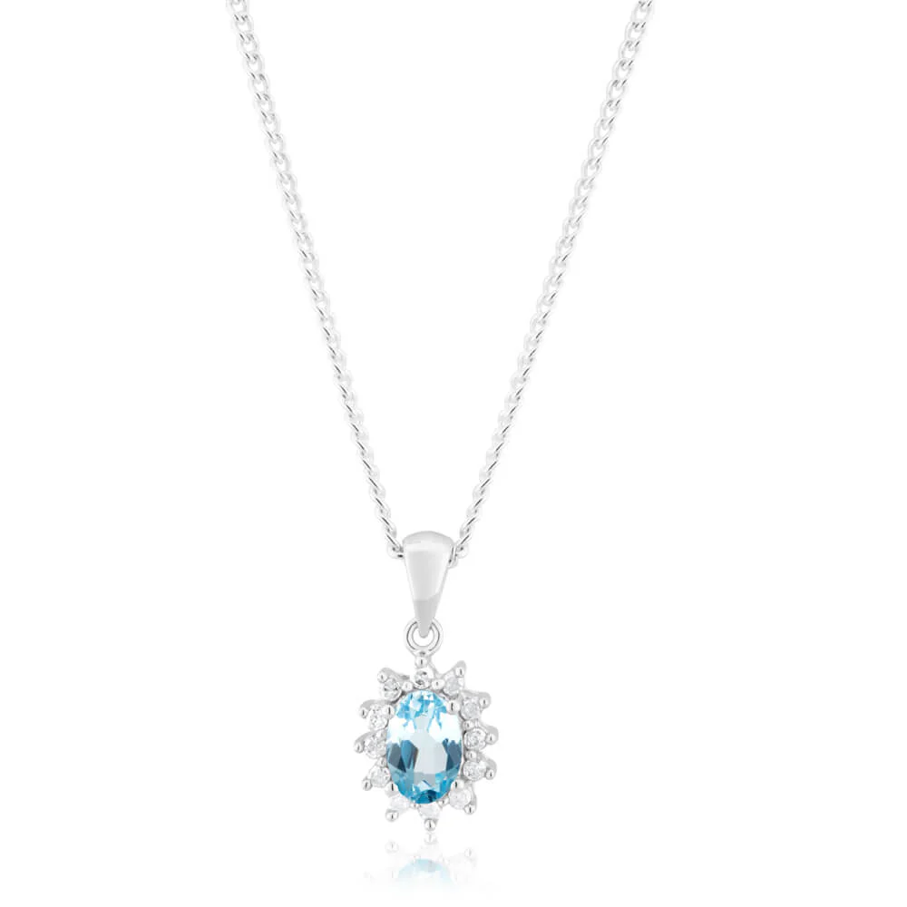 9ct White Gold 6x4mm Blue Topaz + Diamond Pendant - Image 2