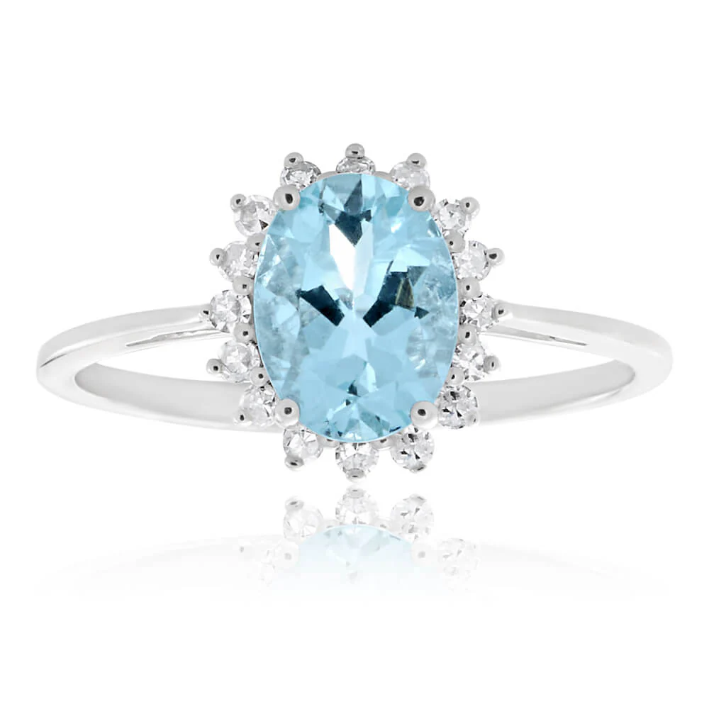 9ct White Gold Aquamarine + Diamond Cluster Ring