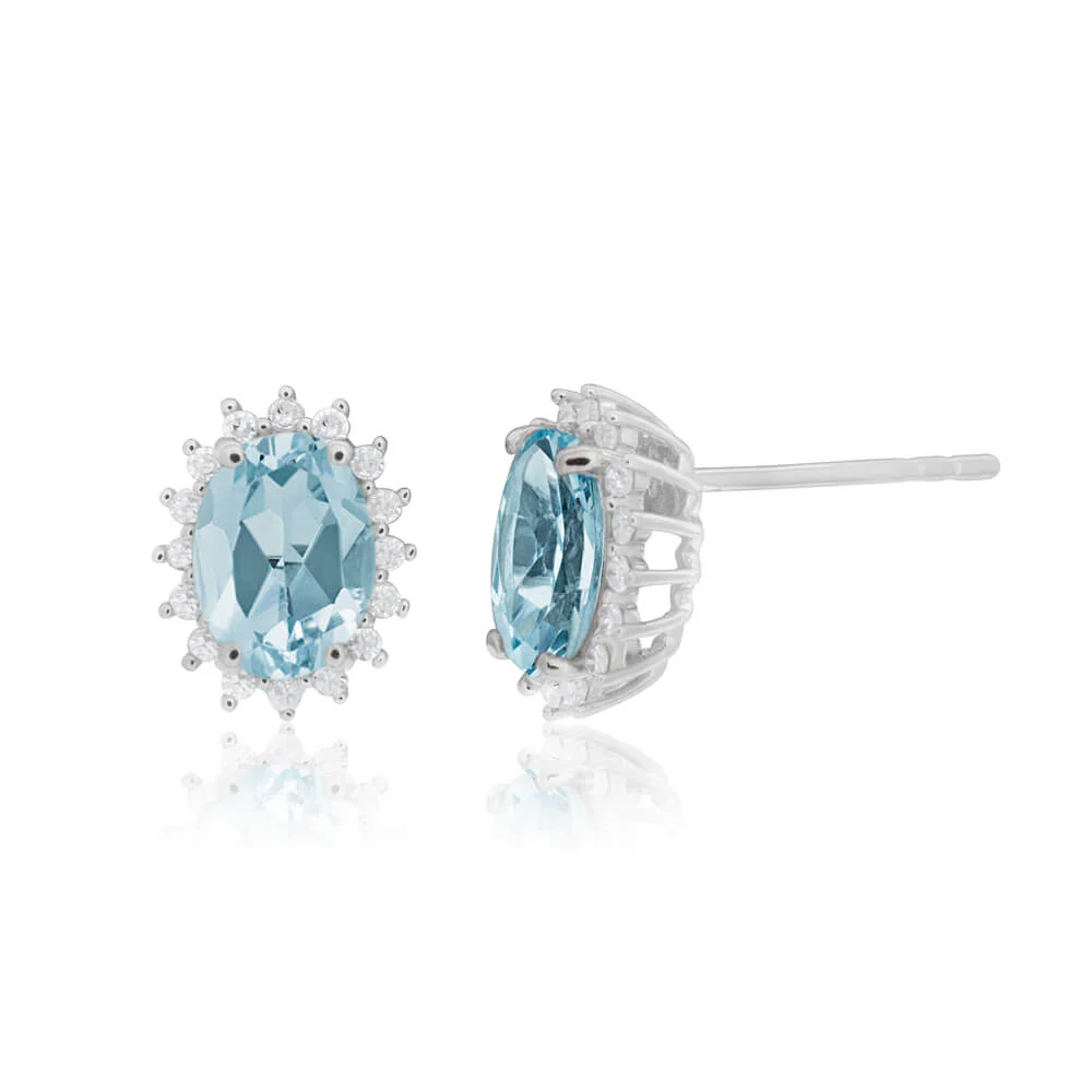 9ct White Gold Aquamarine + Diamond Cluster Stud Earrings